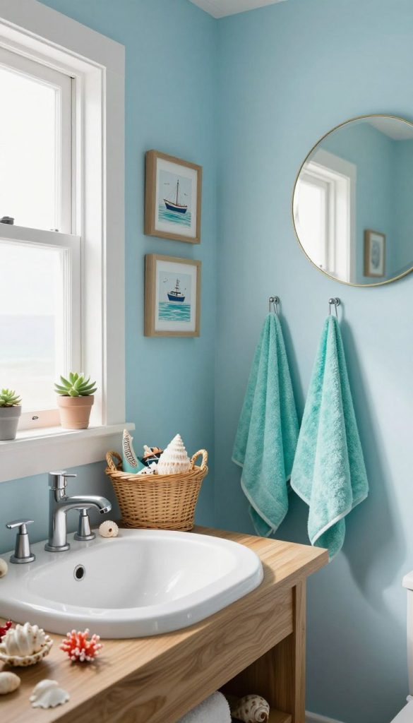 A beautifully designed bathroom embodying coastal decor trends. In the foreground, a wooden vanity features a sleek, white sink adorned with seashell decorations and vibrant coral accents. The mid-ground showcases soft, aqua-colored towels neatly hung, complemented by a wicker basket filled with beach-inspired items. On the walls, subtle, ocean-blue paint reflects the essence of the sea, enhanced with framed nautical prints and a large round mirror that echoes the shape of a ship's porthole. Natural light pours in through a frosted window, creating a serene, refreshing ambiance, while a few potted succulents add a touch of greenery. The overall mood is tranquil and inviting, evoking a summer retreat by the ocean.