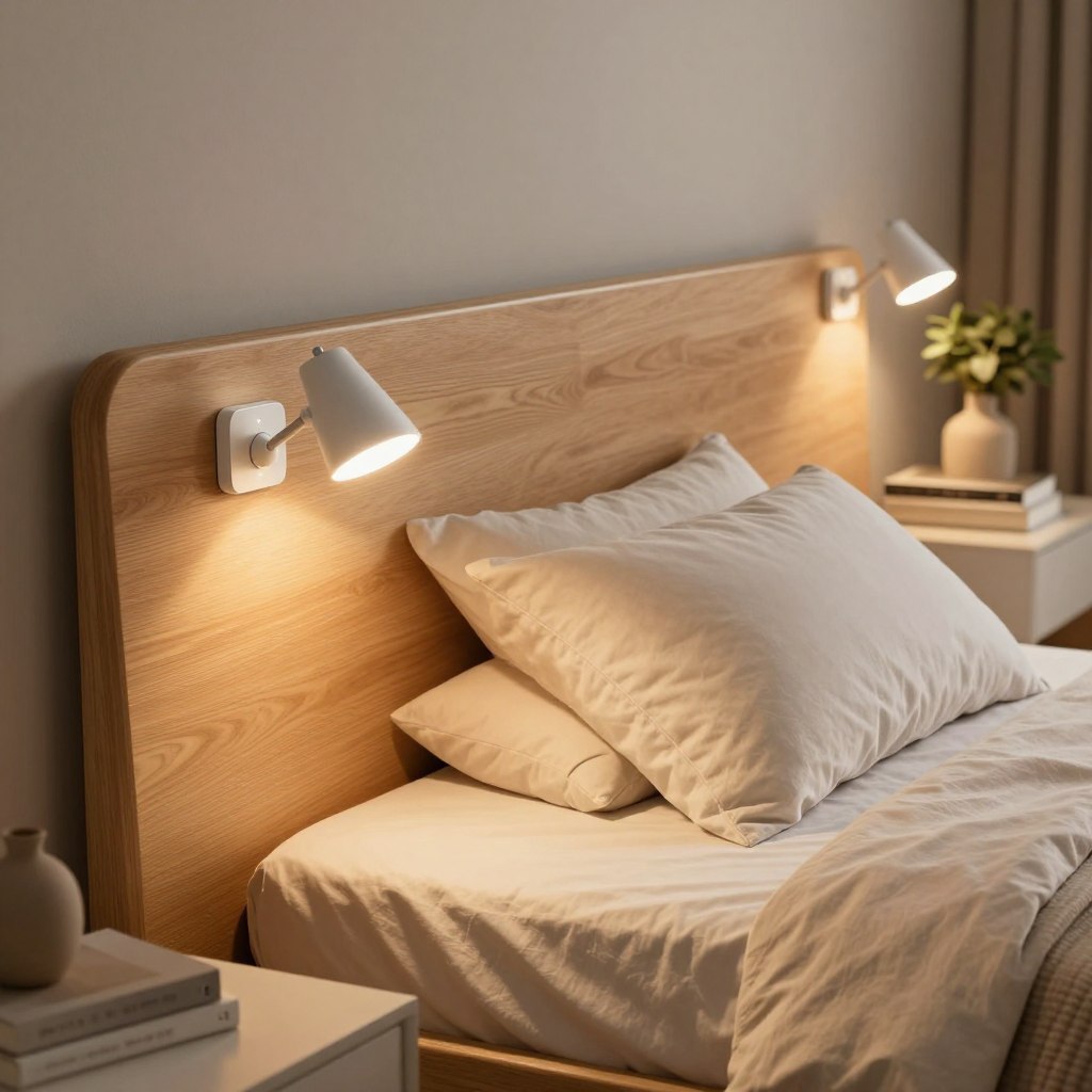 A beautifully designed bedroom featuring headboard-mounted reading lights with individual controls. In the foreground, the focus is on two sleek, modern reading lights gracefully attached to a stylish wooden headboard, each with its own adjustable arm, illuminating softly. The middle ground showcases a cozy, neatly made bed with plush pillows and a light, inviting bedspread. In the background, a softly lit bedside table holds a few books and a decorative plant, creating a serene atmosphere. The lighting is warm and inviting, casting gentle shadows that enhance the tranquil mood of the scene. The composition is shot at a slight angle, highlighting the functionality and aesthetic appeal of the reading lights, set against a relaxing, softly colored wall.