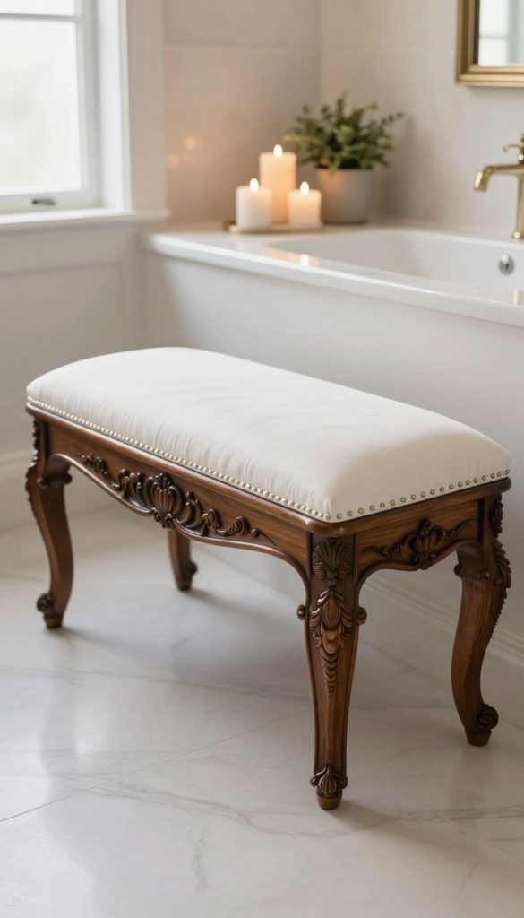 A beautifully designed decorative bathroom bench serves as a statement piece in an elegant bathroom setting. The bench, crafted from rich, dark wood with intricate carvings, features a plush upholstered seat in soft white fabric, enhancing its luxurious appeal. In the foreground, the bench's ornate details are highlighted, reflecting a polished sheen. The middle ground showcases a stylish arrangement of decorative items like candles and a small potted plant atop the bench, adding warmth and character. The background features a serene bathroom with soft, natural light pouring in through a frosted window, illuminating the space and creating a tranquil atmosphere. The shot is captured with a slight angle that emphasizes the bench's elegance while maintaining focus on the entire bathroom's sophistication.