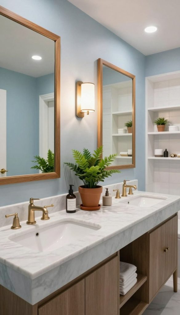 A beautifully designed dual vanity shared bathroom featuring a double sink setup, showcasing an elegant blend of modern and classic elements. The foreground highlights a sleek double vanity with polished marble countertops, under-mount sinks, and stylish brushed nickel faucets. Reflective mirrors above the sinks add depth, framed with warm wood accents. In the middle ground, vibrant potted plants bring a touch of nature, while ambient lighting casts a soft glow, creating a serene atmosphere. The background reveals a spacious layout with tasteful shelving and a calming color palette of soft blues and whites, invoking a tranquil spa-like retreat. The overall mood is harmonious and organized, emphasizing a clutter-free design ideal for shared spaces.
