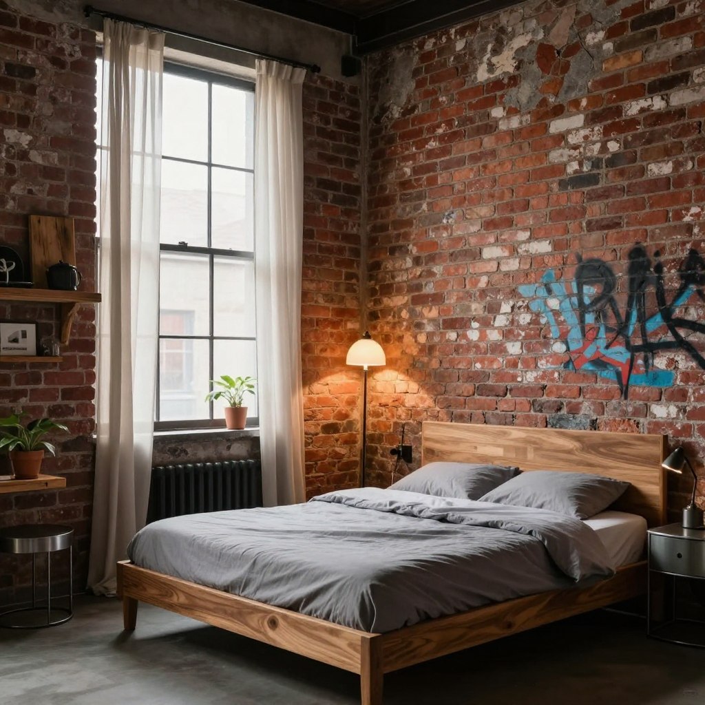 A beautifully designed industrial-style bedroom featuring exposed brick walls as the main focal point. The brick is weathered, showcasing rich earthy tones of red, brown, and gray, with a few patches of charming graffiti. In the foreground, a stylish wooden bed with a minimalist gray bedding set surrounded by sleek metal bedside tables. On one side, a vintage floor lamp casts a warm, ambient glow, illuminating the textures of the brick. The middle ground displays a large industrial-style window with soft, flowing sheer curtains, allowing natural light to flood the space. In the background, there are hints of rustic decor—shelves made from reclaimed wood, potted plants, and decor elements that enhance the cozy, yet sophisticated atmosphere. The mood is inviting, warm, and comfortable, perfect for a contemporary industrial aesthetic.