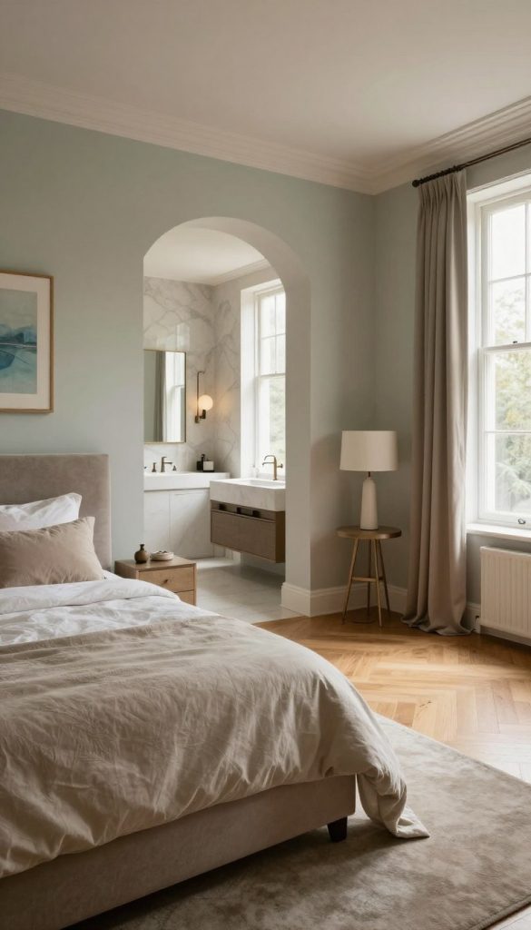 A beautifully designed master bedroom featuring a coordinated color palette that blends seamlessly with an adjoining bathroom. In the foreground, a plush king-sized bed with elegant bedding in soothing earth tones. A stylish nightstand on one side holds a sleek lamp. The middle of the room showcases an open-concept layout, with luxurious hardwood flooring that transitions smoothly into a contemporary bathroom area, visible through an archway. Soft natural light pours in from large windows, creating a warm and inviting atmosphere. Subtle wall art complements the color scheme, echoing hues of beige, soft greens, and light blues. The background shows a spa-like bathroom with modern fixtures and a stylish vanity, all designed to enhance the feeling of cohesion and tranquility in this sophisticated space.