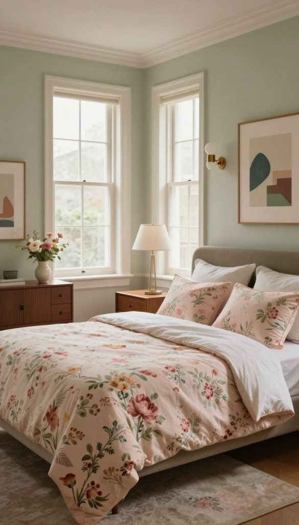 A beautifully designed mid-century modern bedroom featuring romantic floral elements. The foreground showcases a plush, king-sized bed adorned with vintage floral-patterned bedding in soft pastel hues, surrounded by elegant mid-century furniture pieces. The middle ground includes a stylish nightstand with a sleek lamp and a small vase of fresh blooms, adding a touch of nature. In the background, large windows allow natural light to spill in, illuminating the space and creating soft shadows. The room is accented with geometric wall art and retro light fixtures, enhancing the vintage feel. The color palette includes muted greens, blush pinks, and warm wood tones, evoking a serene, inviting atmosphere that combines elegance and comfort. The image captures peaceful, ambient lighting that enhances the romantic mood.