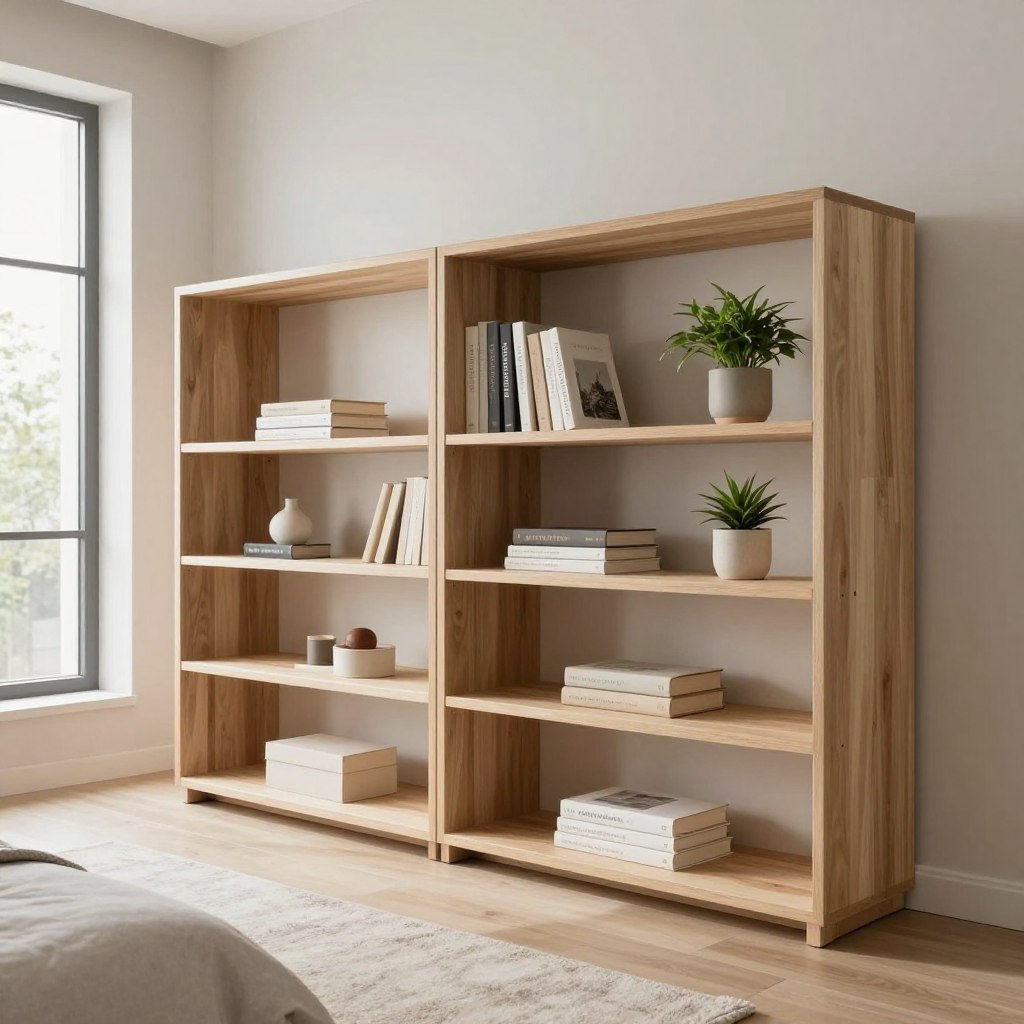 A beautifully designed open shelving unit for a modern minimalist bedroom, featuring sleek, light-colored wood and clean lines. The foreground highlights the shelving, displaying neatly arranged books, decorative boxes, and green plants for a touch of warmth. The middle ground focuses on the seamless integration of the shelves within a softly lit bedroom, showcasing a neutral color palette with a cozy rug and a simple bed. In the background, soft natural light floods in from a large window, enhancing the airy atmosphere. The room is devoid of clutter, conveying a sense of tranquility and spaciousness. The overall mood is serene and sophisticated, perfect for compact living spaces, evoking a minimalist aesthetic that prioritizes function and elegance.