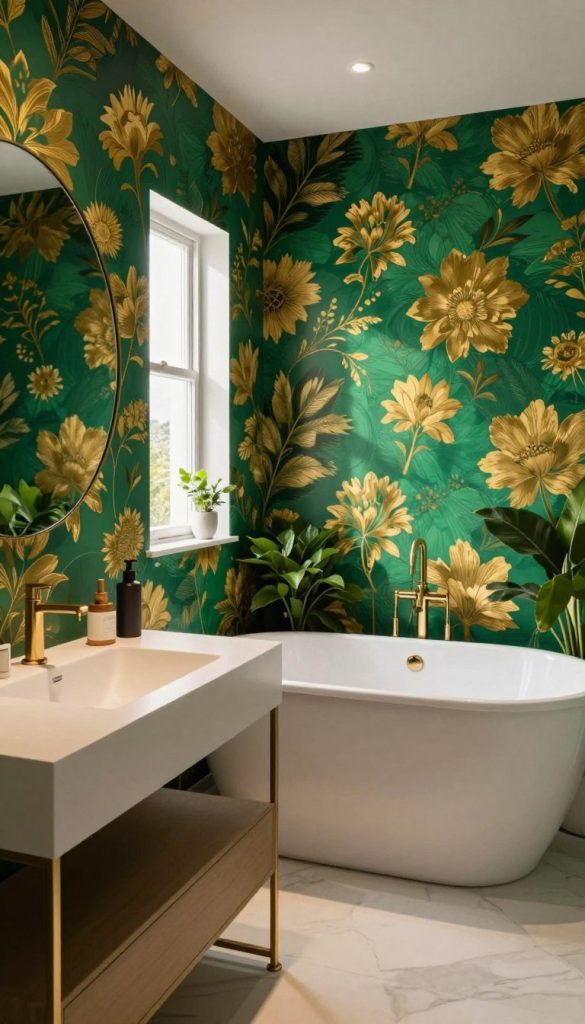 A beautifully designed powder room featuring bold statement wallpaper with a vibrant floral pattern in rich emerald green and deep gold hues. The foreground showcases a stylish, minimalist vanity with sleek lines and a modern, round mirror that reflects the stunning wallpaper. In the middle ground, there is a luxurious freestanding bathtub adorned with elegant gold fixtures, surrounded by decorative plants that enhance the lush atmosphere. The background features soft, ambient lighting creating a cozy glow, with a small window allowing natural light to filter in, casting gentle shadows. The overall mood is sophisticated yet inviting, capturing the essence of impactful decor in a small space. The angle is slightly elevated, providing a comprehensive view of the design elements without any people in sight.