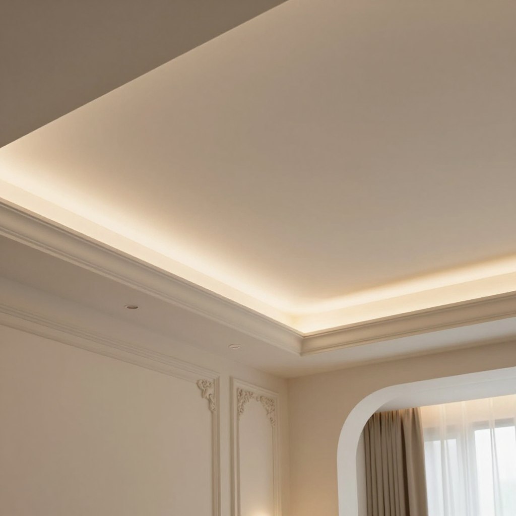 A beautifully designed room featuring concealed LED lighting integrated within an elegant tray ceiling. The foreground showcases intricate crown molding and a soft glow emanating from hidden LED strips, casting gentle light across smooth ceiling surfaces. In the middle ground, luxurious textures and subtle design elements, such as decorative paneling, enhance the sophisticated ambiance. The background reveals a serene color palette of soft whites and warm neutrals, creating a calming atmosphere. The lighting is soft and diffused, evoking a cozy, inviting feel. Capture the scene from a slightly elevated angle to emphasize the depth and layering of the ceiling design while creating an ethereal, tranquil mood throughout the room.