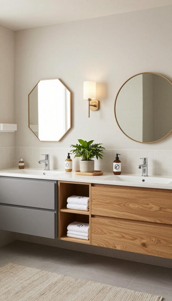 A beautifully designed shared bathroom featuring a double vanity with personalized zones for two individuals. In the foreground, showcase two distinct areas, each with individual decor: one side is modern with sleek gray cabinetry and a geometric mirror, while the other features warm wood accents and a round, vintage-style mirror. In the middle, ample counter space is adorned with matching soap dispensers, monogrammed towels, and potted plants, creating a harmonious balance. The background reveals soft, diffused lighting from stylish sconces, illuminating light-colored walls with decorative tiles. A plush rug adds comfort to the space, enhancing the inviting atmosphere. Overall, the mood is serene and organized, emphasizing clarity and personalization.