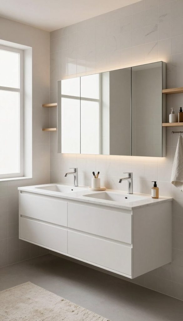 A beautifully designed shared bathroom showcasing a modern double vanity concept, featuring a sleek marble countertop with two stylish sinks. The cabinets have a minimalist design in soft white oak, providing ample storage while maintaining a clutter-free environment. The walls are adorned with elegant ceramic tiles in a muted palette, enhancing the spacious feel. A strategically placed large mirror reflects natural light from the frosted glass window, creating a bright and airy atmosphere. Space-saving elements such as floating shelves are included for extra storage. Soft, warm lighting fixtures enhance the serene mood, and a plush area rug adds comfort. The scene captures a harmonious blend of functionality and aesthetics, demonstrating innovative materials and finishes suitable for a shared bathroom.
