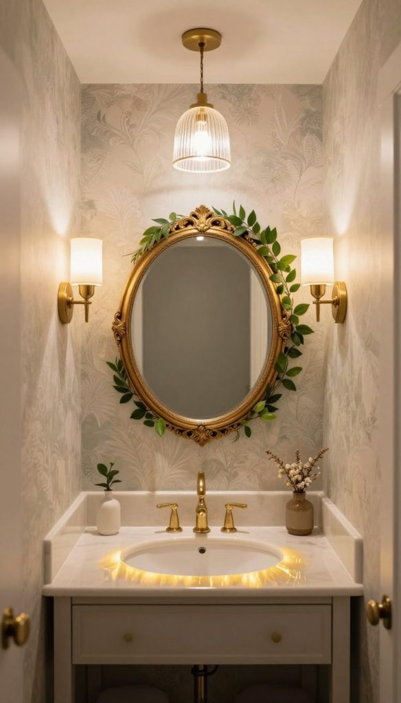 A beautifully designed small powder room featuring elegant lighting fixtures that enhance the space. In the foreground, a sleek vanity with a polished countertop reflects warm golden light from stylish wall sconces on either side. The middle section showcases a round, vintage mirror framed in ornate gold, surrounded by natural greenery for a pop of color. The background reveals textured wallpaper in soft pastels that evoke a serene atmosphere, complemented by a small artistic pendant light casting a gentle glow from above. The room is well-lit and inviting, emphasizing the combination of modern and classic elements. The overall mood is tranquil and sophisticated, perfect for a stylish small space renovation, with a focus on maximizing light and depth.
