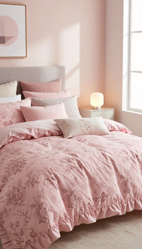 A beautifully layered bedding display showcasing various pink floral patterns in a modern bedroom setting. In the foreground, a plush, ruffled pink duvet features intricate floral prints, complemented by a mix of textured pillows in solid blush and patterned fabrics. In the middle, a subtle patterned throw quilt adds depth, draped elegantly over a stylish headboard. The background reveals soft pastel walls adorned with minimalist artwork, the room filled with natural light streaming from a nearby window, enhancing the cozy atmosphere. A softly glowing lamp on a nightstand casts gentle shadows, creating a serene and sophisticated ambiance perfect for a fresh, modern bedroom decor.