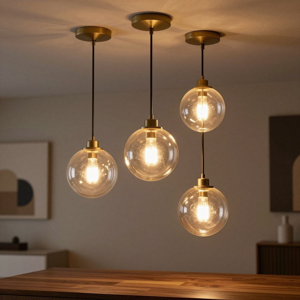 A beautifully lit scene showcasing elegant globe pendant fixtures hanging from a textured ceiling. The foreground features three distinct globe pendants with warm glass finishes, casting a soft, inviting glow onto a polished wooden bedside table. The middle layer presents a stylish interior environment, featuring muted colors and minimalist decor to emphasize the sophistication of the pendant lights. In the background, a softly blurred wall adorned with modern art complements the aesthetic without distraction. The lighting is warm and ambient, creating a cozy atmosphere, while the angle captures the pendants from a slightly lower perspective, enhancing their grandeur. Ensure the image is clean and professional, focusing purely on the exquisite design of the fixtures and the serene environment.