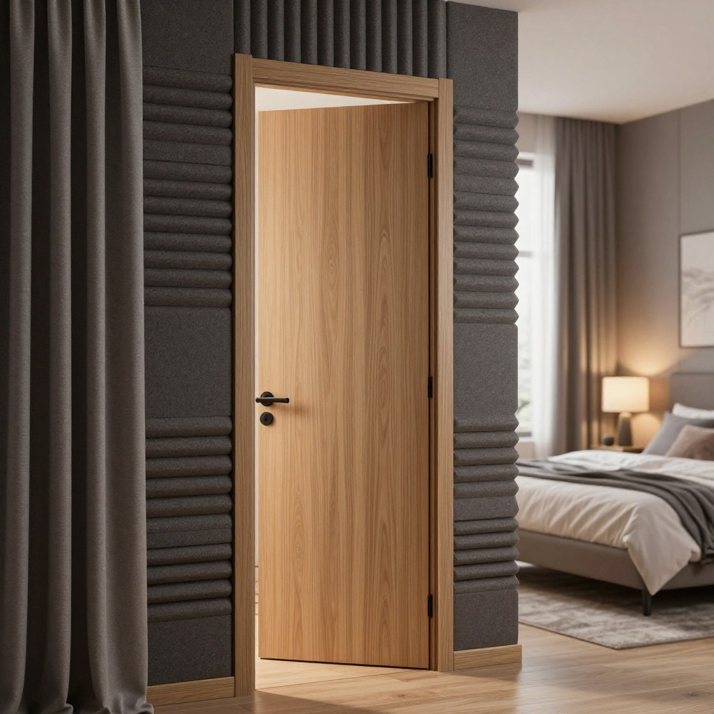 A beautifully modern soundproofing door is the focus of the image, showcasing its thick, layered construction with high-density materials designed for maximum sound isolation. The door features a sleek, contemporary design with a wood finish, seamlessly integrated into a stylish bedroom setting. In the foreground, the door is slightly ajar, revealing a glimpse of plush soundproof curtains and acoustic panels on the walls, contributing to a serene atmosphere. The middle of the image captures soft, warm lighting filtering through a nearby window, enhancing the calming environment. In the background, a peaceful bedroom is evident, adorned with soothing colors and minimalist decor, creating an inviting space ideal for restful sleep. The overall mood is tranquil and harmonious, emphasizing the benefits of soundproofing solutions for a better night's rest.