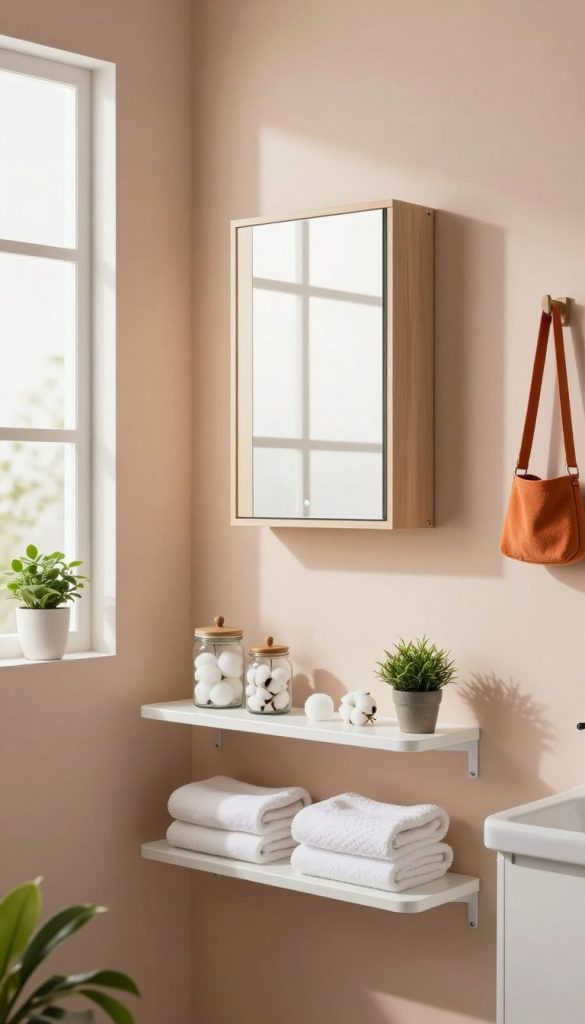 A beautifully organized bathroom showcasing innovative wall-mounted storage solutions, specifically designed to maximize space and reduce clutter. In the foreground, sleek floating shelves display neatly folded towels, decorative jars filled with cotton balls, and small potted plants for a touch of greenery. The middle ground features a stylish wall-mounted cabinet with an elegant mirror, reflecting soft, natural daylight filtering through a nearby frosted window. In the background, a pastel-colored wall adds warmth, while minimalist wall hooks hold vibrant accessories. The atmosphere is serene and inviting, with a focus on functionality and aesthetics, illuminated by gentle, diffused lighting that enhances the clean lines and modern design of the storage solutions.