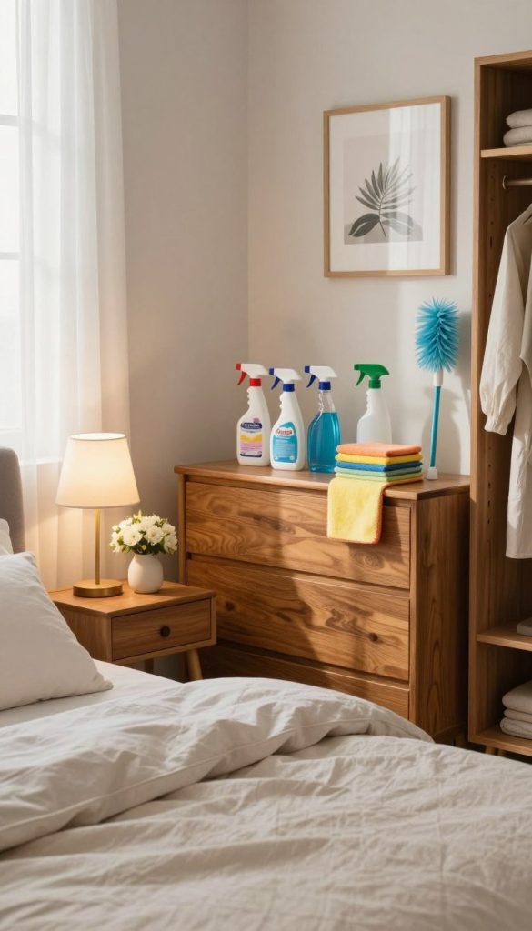 A beautifully organized bedroom showcasing cleaning essentials. In the foreground, a neatly made bed with fluffy pillows and a soft, inviting duvet. A tidy nightstand holds a small vase of fresh flowers and a stylish lamp, casting warm, ambient light. In the middle ground, vibrant cleaning supplies like a spray bottle, microfiber cloths, and a duster are displayed on a polished wooden dresser. The background features a tasteful wardrobe and wall art, framed by soft natural light streaming through sheer curtains, creating a serene and calm atmosphere. The overall mood is fresh and rejuvenating, evoking a sense of accomplishment after a thorough cleaning session. The composition is inviting, emphasizing cleanliness and order.