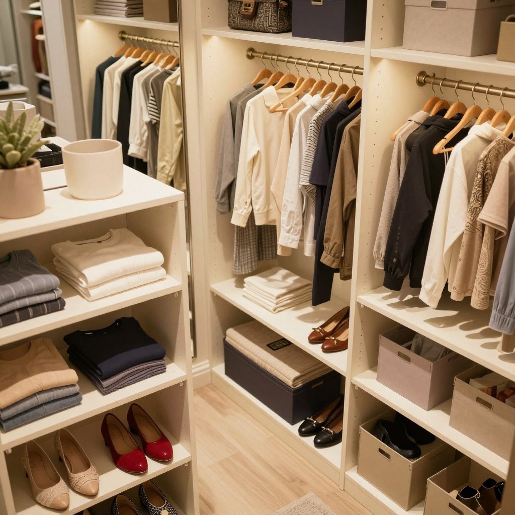 A beautifully organized closet featuring vertical storage solutions for optimal space utilization. In the foreground, showcase elegant shelves filled with neatly folded clothes, shoes arranged by color, and stylish storage bins. The middle space displays a tall, multi-tiered clothing rack with various garments hanging neatly, emphasizing easy access and visibility. In the background, soft ambient lighting enhances the atmosphere, reflecting off mirrors that amplify the sense of space, while a gentle focus draws attention to each strategically placed item. Utilize a warm color palette to create an inviting and cozy feel, evoking a sense of organized harmony. The angle is slightly from above, providing a comprehensive view of the vertical storage design without any distractions.