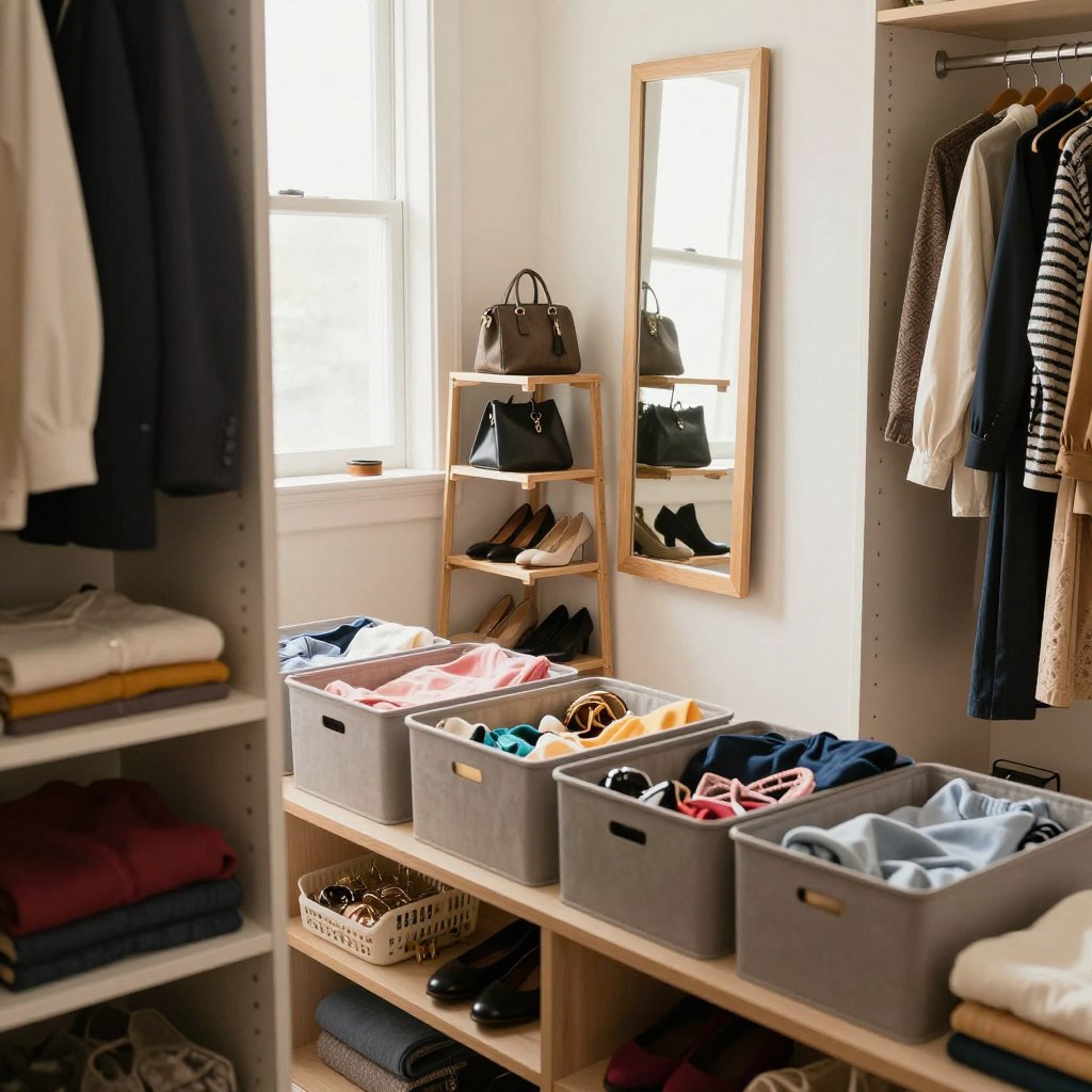 A beautifully organized closet interior showcasing efficient organizing methods for transforming closet space. In the foreground, there are neatly arranged shelves filled with color-coordinated clothing items, along with labeled bins hiding accessories. In the middle, a stylish wooden rack displays shoes and bags, while a full-length mirror reflects the bright, inviting atmosphere. The background features a softly lit space with warm daylight streaming through frosted glass, highlighting the neatness and usability of the closet. The mood is tranquil and inspiring, suggesting professionalism and elegance, ideal for a smart organizational approach. The image should have a clean, minimalist aesthetic, shot from an angle that captures depth and dimension, emphasizing the transformation of clutter into a serene organizing solution.