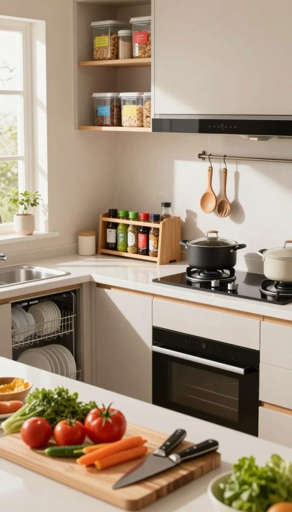A beautifully organized kitchen showcasing distinct zones for optimal workflow. In the foreground, a neatly arranged cutting board with fresh vegetables and kitchen knives signifies the prep zone. The middle features a clean, functional cooking area with pots and pans hanging above a modern stove, while a spice rack is prominently displayed. To the left, a well-organized dishwashing zone shows clean dishes drying on a rack. The background reveals cabinets stocked with containers and colorful labels for pantry items. Soft, natural light pours in through a window, casting gentle shadows and enhancing the warm, inviting atmosphere. The overall mood conveys efficiency and cleanliness, ideal for a well-maintained kitchen space.