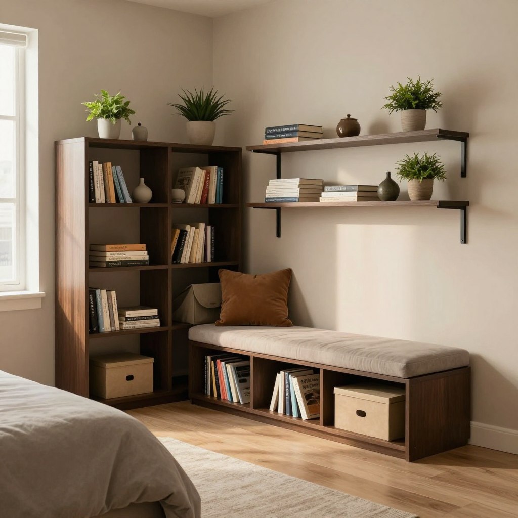 A beautifully organized master bedroom corner showcasing smart storage solutions. In the foreground, display a stylish, modern shelving unit filled with neatly arranged books, decorative boxes, and plants, adding a touch of greenery. In the middle ground, include a functional storage bench with plush cushions, serving both as seating and hidden storage. The background features soft, warm lighting from a nearby window, casting a cozy glow that enhances the room's inviting atmosphere. Use a wide-angle lens to capture the entire corner layout, emphasizing the efficient use of space. The overall mood should be calm and serene, perfect for a restful master bedroom.