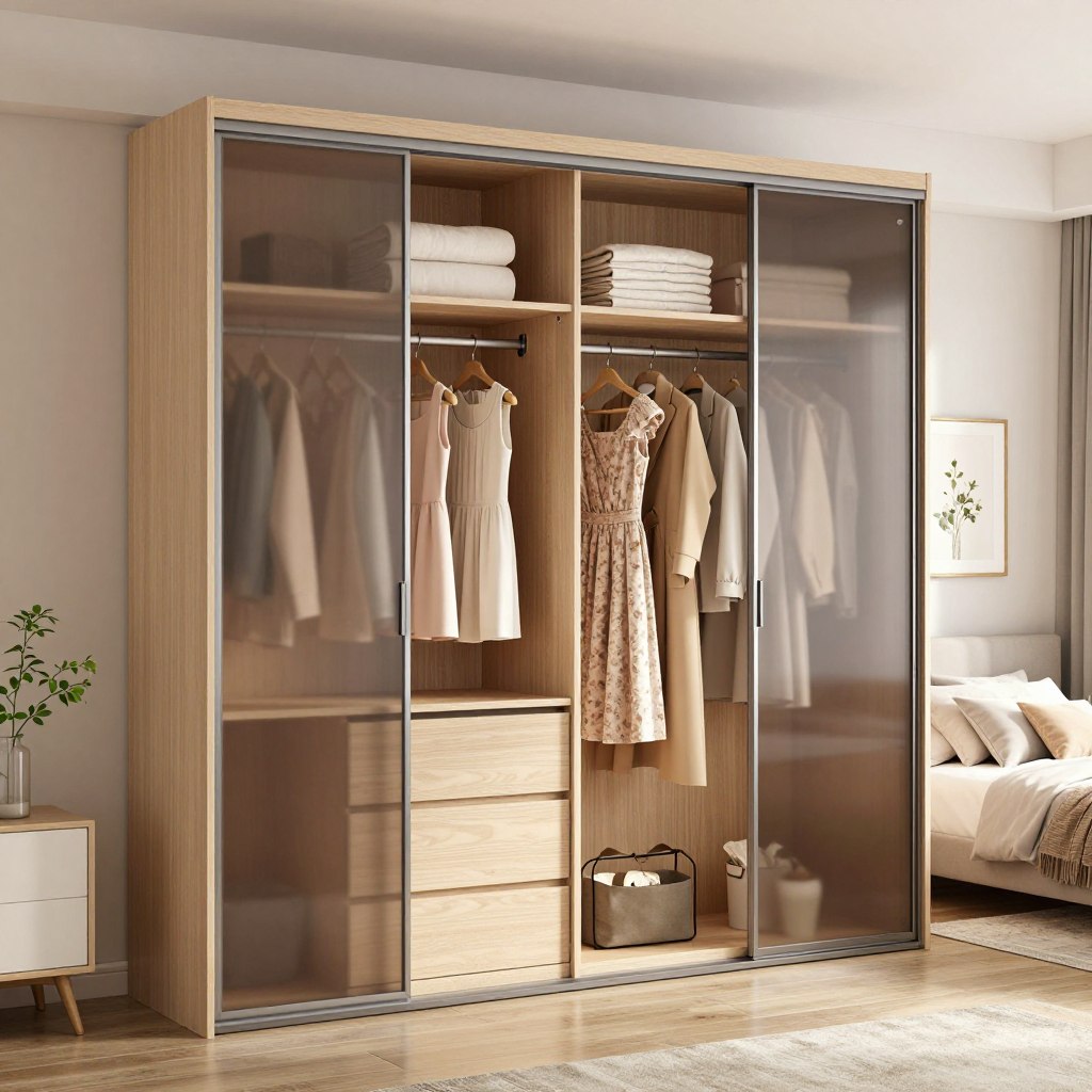 A beautifully organized sliding door wardrobe in a compact bedroom setting, showcasing an innovative space-saving functionality. The wardrobe features sleek, contemporary sliding doors with a smooth metallic finish, reflecting soft ambient lighting that creates a warm atmosphere. Inside, the wardrobe is meticulously arranged with shelving for folded clothing, hanging sections for dresses and coats, and integrated drawers for accessories, all displayed in a harmonious color palette of soft pastels and light wood tones. The foreground captures the detailed texture of the wardrobe, while the middle ground emphasizes the clever use of space within a cozy bedroom, adorned with subtle decorative plants and elegantly framed artwork. The background conveys a sense of tranquility, with soft diffused light illuminating the room, enhancing the inviting, organized feel of the space.