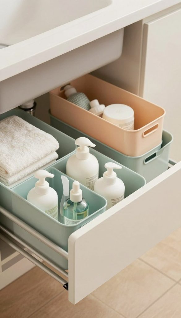 A beautifully organized under sink storage area featuring sleek pull-out drawers and neatly arranged stackable bins. The foreground showcases a close-up of the pull-out drawers, revealing various bathroom supplies like towels, cleaning products, and toiletries, all categorized and easy to access. In the middle, stackable bins in soft pastel colors hold smaller items, providing a clean and modern look. The background reveals the under-sink plumbing, minimally visible, maintaining an uncluttered aesthetic. The lighting is soft and warm, creating an inviting atmosphere, while the angle is slightly elevated, capturing the entire organization setup. The mood is one of tranquility and order, ideal for maximizing space and reducing clutter.