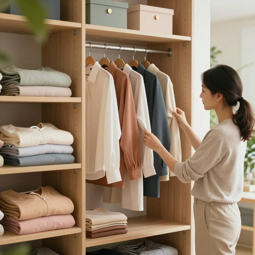 A beautifully organized wardrobe interior showcasing effective decluttering strategies. In the foreground, neatly folded clothes in pastel colors are stacked on wooden shelves, emphasizing minimalism. In the middle ground, a well-structured hanging section displays a selection of garments in coordinated colors, all hung at equal distances, highlighting the importance of organization. Soft, warm lighting creates an inviting atmosphere, while a slight lens blur on the background hints at accessories beautifully arranged in decorative boxes. The overall mood is serene and harmonious, inspiring viewers to embrace clean, clutter-free living. The image should depict a professional, stylish individual in modest casual clothing, thoughtfully organizing their wardrobe, surrounded by a vibrant yet calming environment of greenery peeking through an open closet door.