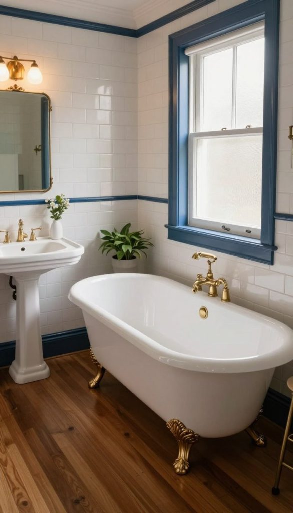 A beautifully renovated classic bathroom showcasing a vintage clawfoot tub, elegantly positioned in the center on polished hardwood floors. The tub is a glossy white with ornamental brass feet, complemented by a traditional freestanding faucet. To the left, a stunning pedestal sink with delicate curves and a vintage mirror above, reflecting soft, natural light filtering through frosted glass windows. The walls are adorned with timeless white subway tiles, accented with navy blue trim, creating a serene atmosphere. Potted greenery peeks from the corners, adding life to the scene. The lighting is warm and inviting, evoking a sense of nostalgia, capturing the essence of a classic, vintage-inspired space. The angle is slightly elevated, providing a comprehensive view of this harmonious bathroom design.