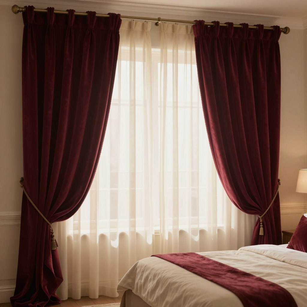 A beautifully staged interior showcasing a classic double rod curtain installation in a romantic bedroom setting. In the foreground, two layers of curtains hang gracefully—on the outer rod, rich blackout curtains in a deep burgundy velvet, creating a solid backdrop, and on the inner rod, delicate sheer curtains in a soft cream fabric that gently diffuse the light. The curtains billow slightly as if touched by a subtle breeze. In the middle ground, a plush bed with an elegant headboard is adorned with coordinating cushions, enhancing the cozy atmosphere. The background features soft, warm lighting that casts a gentle glow, adding to the intimate feel of the space. The image is shot at a slight angle to capture the depth of the layered curtains and the elegant bedding, emphasizing the luxurious textures and colors.
