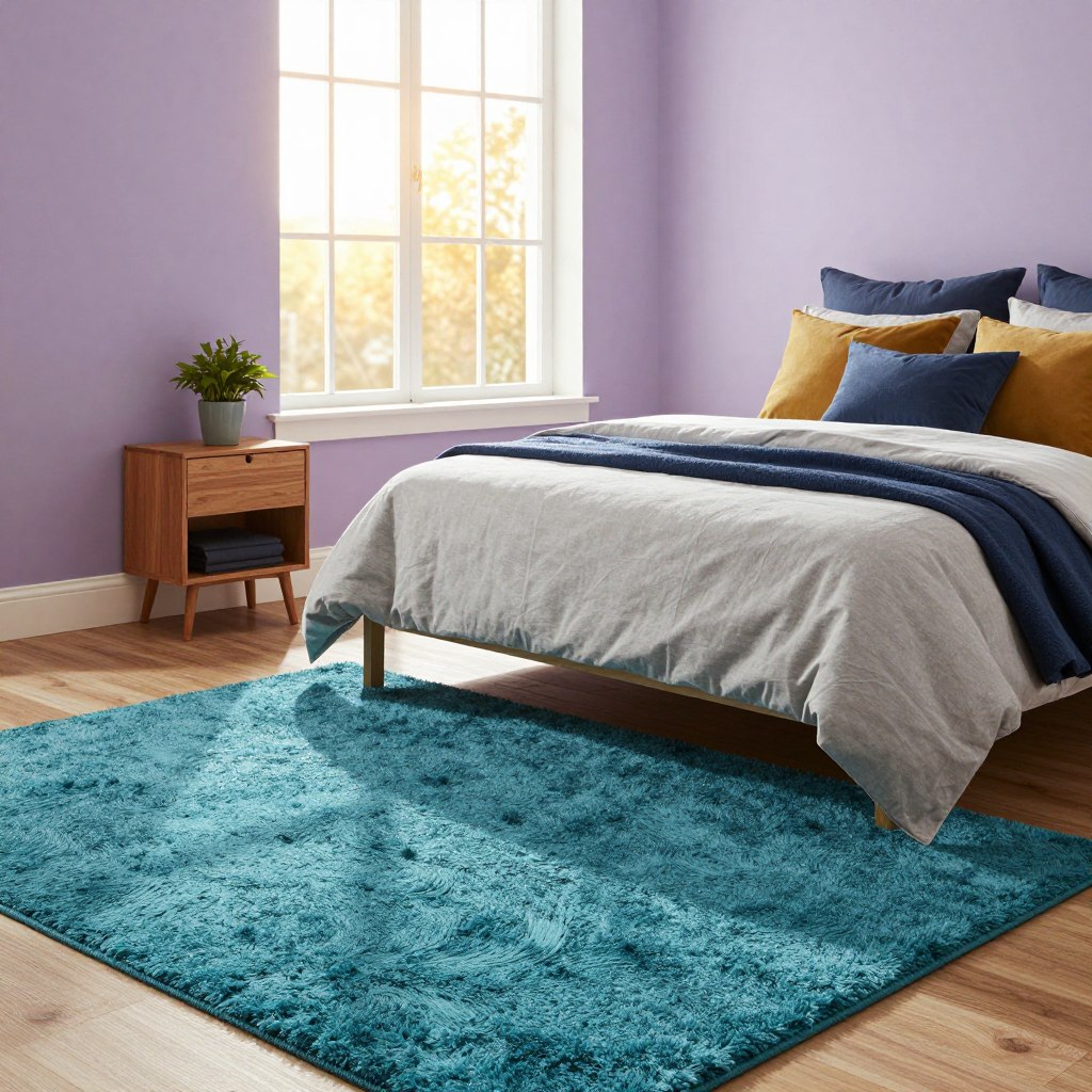 A beautifully styled bedroom featuring a harmonious color scheme and rug selection. The foreground shows a plush area rug in a vibrant teal, complementing soft lavender walls. In the middle, a neatly made bed with a light gray duvet and accent pillows in shades of mustard and navy creates a tranquil focal point. A stylish wooden nightstand adorned with a small potted plant sits beside the bed. The background features a large window allowing warm, golden sunlight to stream in, casting soft shadows and creating a welcoming atmosphere. The overall mood is serene and inviting, highlighting the interplay of color and texture that enhances the bedroom's décor, making it feel cozy and stylish.