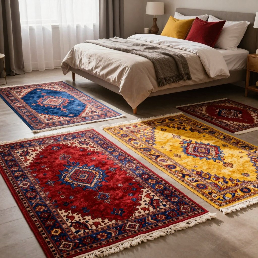 A beautifully styled bedroom featuring a variety of bold statement rugs arranged elegantly on a neutral-toned floor. In the foreground, several striking rugs with vibrant colors, including deep reds, rich blues, and bright yellows, are displayed, showcasing their textures and patterns. The middle ground presents a cozy, inviting bed with soft, neutral bedding and decorative pillows that complement the rugs. In the background, soft natural light filters through sheer curtains, casting gentle shadows and enhancing the serene atmosphere. The overall composition emphasizes contrast between the bold rugs and the calming bedroom decor, creating an inviting and stylish mood. The image is captured from a low angle to highlight the rugs' details while showcasing the harmonious blend of colors in the space.
