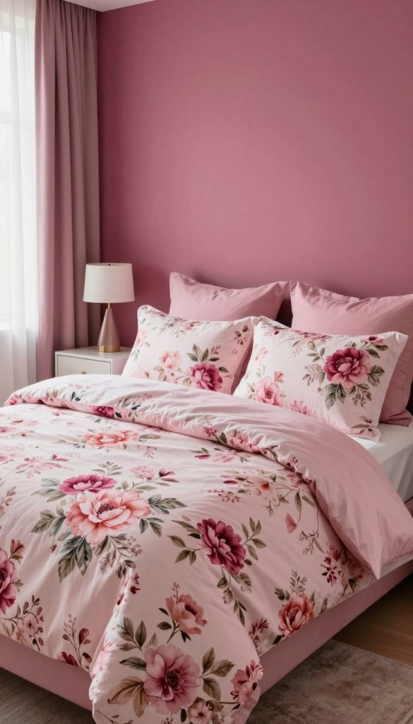 A beautifully styled bedroom featuring coordinate pink floral bedding atop a neatly made bed, adorned with plump decorative pillows. The bedding showcases a vibrant floral pattern with shades of blush, rose, and deep magenta against a soft white backdrop. In the background, an accent wall painted in a rich, complementary hue—perhaps a deep rose or soft lavender—adds warmth and depth to the space. Natural light streams in through sheer curtains, casting a soft, inviting glow throughout the room. The atmosphere is serene and modern, with minimalistic decor elements such as a sleek nightstand and a stylish lamp. Capture this scene at a slightly elevated angle to emphasize the bedding and the accent wall's striking contrast, creating an inviting, cozy ambiance perfect for a fresh, modern bedroom.