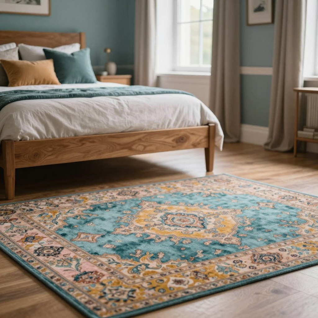 A beautifully styled bedroom showcasing a harmonious color palette, focusing on coordinating multicolored rugs. In the foreground, an elegant area rug with intricate patterns blends shades of teal, mustard, and blush, perfectly complementing the room's aesthetic. The middle ground features a stylish wooden bed frame adorned with plush, textured pillows in coordinating colors, set against a softly painted accent wall. The background reveals a window allowing warm, natural light to flood the space, creating a cozy atmosphere. Floor-to-ceiling curtains in a muted tone frame the window, enhancing the palette. The image captures a serene and inviting mood, with a shallow depth of field to accentuate the rugs while softly blurring the surrounding elements.