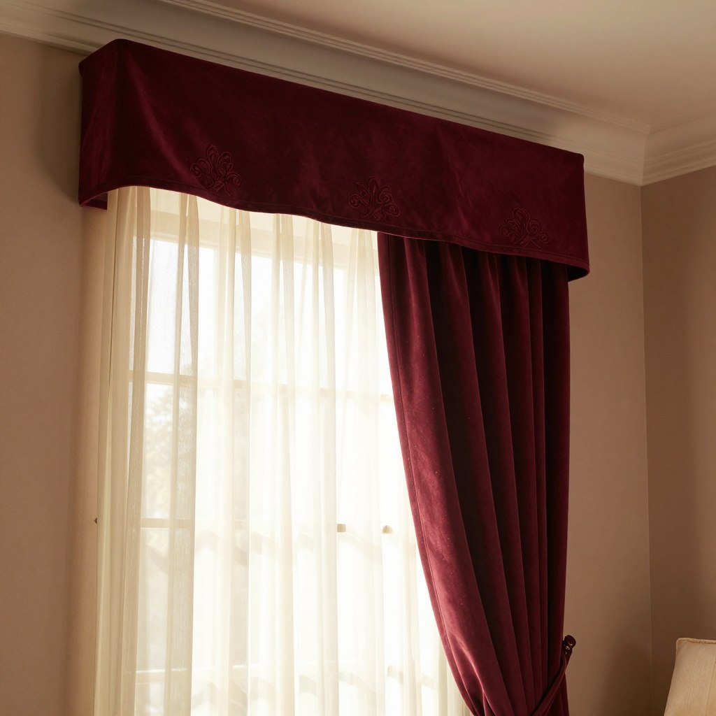 A beautifully styled window featuring layered window treatments in a romantic bedroom setting. In the foreground, a soft, sheer curtain elegantly frames the window, allowing gentle sunlight to filter through, creating a warm and inviting atmosphere. The middle layer showcases a rich blackout curtain in deep burgundy, neatly pulled to the sides, adding a touch of sophistication. Above, the valance is adorned with intricate embroidery, providing a stylish finish, while a sleek cornice board complements the design, enhancing the layered effect. The background reveals a softly muted wall color and plush bedding, contributing to the cozy, intimate feel of the room. The lighting is warm and soft, with a focus on creating a tranquil ambiance, captured from a slightly elevated angle to showcase the details of the window treatments.