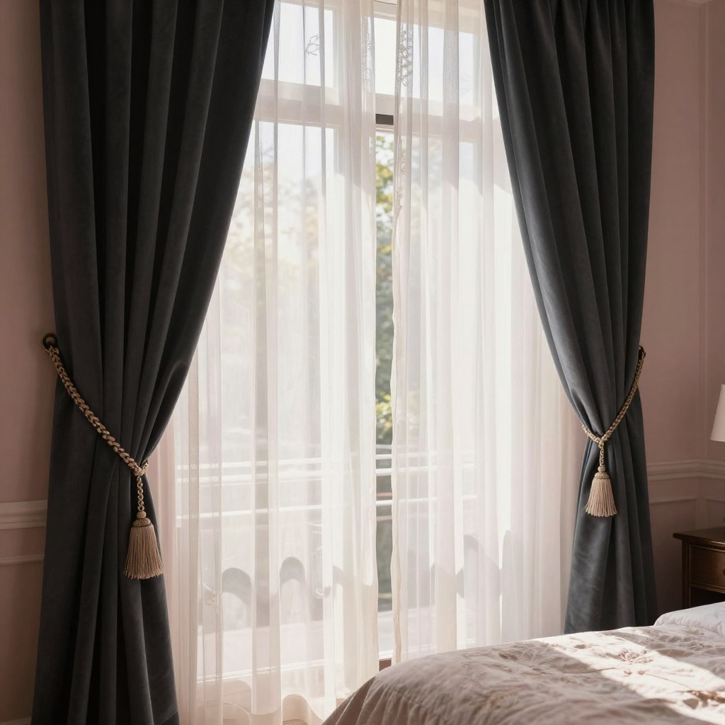 A beautifully styled window showcasing a pair of sheer curtains layered over blackout curtains, both elegantly tied back with decorative holdbacks. The sheer curtains are light, airy, and flowing, adorned with delicate patterns that gently diffuse soft morning light. The blackout curtains are rich in color, providing contrast and depth, with a luxurious fabric that adds warmth to the room. In the foreground, intricate tie-back techniques create a harmonious blend of textures, while the midground reveals a cozy, romantic bedroom setting with soft pastel wall colors and a plush bed. The background features subtle hints of greenery outside the window, as natural sunlight streams in, casting gentle shadows. The overall mood is serene and inviting, perfect for a romantic haven.