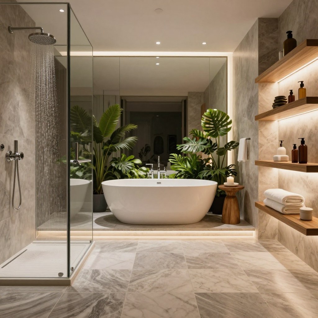 A boutique hotel-inspired wet room featuring a spacious, luxurious design. In the foreground, polished stone tiles with elegant grays and whites create a seamless floor area, leading to a modern, glass-enclosed shower with rainfall showerhead. The middle section showcases a sleek, freestanding soaking tub, surrounded by lush greenery for a spa-like atmosphere. Soft, warm ambient lighting illuminates the room, enhanced by strategically placed LED lights under floating wooden shelves displaying neatly arranged towels and decorative items. The background features an oversized mirror that reflects the serene, tranquil ambiance. The overall mood is serene and elegant, exuding sophistication ideal for a high-end hotel experience.