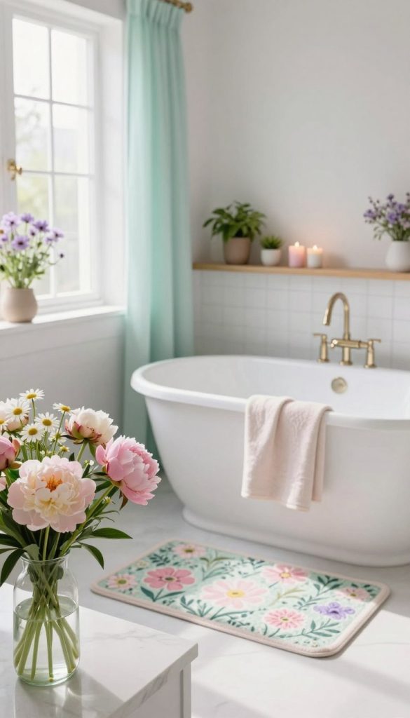 A bright and airy bathroom adorned with spring-themed decor, featuring pastel colors like soft pink, mint green, and lavender. In the foreground, a delicate vase filled with fresh peonies and daisies sits atop a white marble countertop. In the middle, a stylish bathmat with floral patterns complements an elegant freestanding bathtub wrapped in a light pastel towel. Natural light pours in through a large window with sheer curtains, casting gentle shadows that enhance the calming atmosphere. The background showcases a wooden shelf decorated with small potted plants and aromatic candles, creating a peaceful sanctuary. The overall mood conveys freshness and renewal, perfectly encapsulating the essence of spring. The image captures a tranquil and inviting bathroom space, ideal for relaxation and rejuvenation.