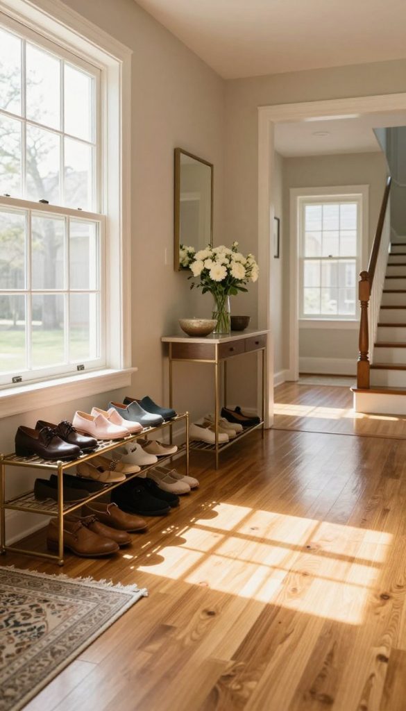 A bright and inviting entryway cleaned and organized, showcasing a polished hardwood floor glistening under soft, natural sunlight pouring in through a large window. In the foreground, a neatly arranged shoe rack holds a few pairs of stylish shoes, while a subtle area rug adds warmth and texture. The middle section features a small console table adorned with a vase of fresh flowers and a decorative bowl, enhancing the welcoming atmosphere. In the background, the hallway leads to a staircase with gleaming banisters, inviting further exploration. Use a wide-angle lens to capture the spaciousness, with warm, soft lighting creating an uplifting and fresh ambiance. The overall mood conveys cleanliness and order, ideal for a home that values tidiness.
