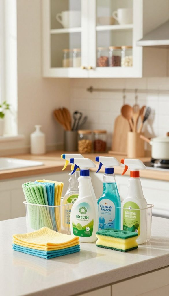 A bright and organized kitchen environment showcasing a room cleaning routine, featuring a tidy countertop with sparkling kitchen organizers. In the foreground, a neatly arranged array of cleaning supplies, including microfiber cloths, eco-friendly spray bottles, and a sponge, emphasizes a systematic cleaning approach. The middle ground displays cupboards with clear glass fronts, neatly organized jars filled with spices and utensils, exuding a sense of order. The background reveals warm, natural light streaming in through a window, illuminating the overall cleanliness and inviting atmosphere. The image captures the essence of daily kitchen upkeep with a fresh and soothing color palette, enhancing the feeling of cleanliness and tranquility in the space.