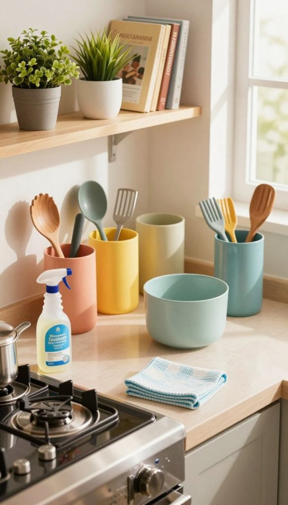 A bright and organized kitchen scene showcasing effective room cleaning hacks. In the foreground, a sparkling stainless steel appliance is gleaming, with a bottle of natural cleaning solution and a microfiber cloth artistically placed next to it. In the middle, various kitchen organizers neatly display utensils and gadgets, all color-coordinated and easily accessible. The background features a well-arranged shelf with plants and cookbooks, bathed in warm, natural light streaming in from a window, enhancing the clean atmosphere. The image should have a slightly elevated angle, providing depth to the scene while emphasizing cleanliness, order, and an inviting ambiance, ideal for inspiring readers in their cleaning endeavors.