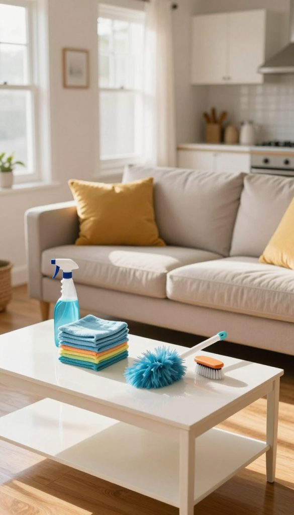 A bright, clean living room showcasing the process of thorough house cleaning. In the foreground, a sparkling coffee table with a neat stack of cleaning supplies: a spray bottle, microfiber cloths, duster, and a brush. The middle layer features a well-worn couch with neatly arranged, vibrant cushions, and a gleaming hardwood floor reflecting soft sunlight streaming through large windows, emphasizing a welcoming atmosphere. In the background, the kitchen is partially visible, showcasing organized countertops and freshly cleaned appliances, hinting at an efficient whole-house cleaning strategy. The light is warm and inviting, casting gentle shadows that enhance the feeling of calm and order. The composition emphasizes the systematic approach to cleaning, illustrating the satisfaction of a job well done in a tidy, orderly environment.
