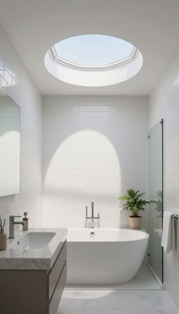 A bright, modern bathroom featuring a cylindrical tubular skylight installed in the ceiling, allowing soft, natural light to flood the small space. The foreground showcases sleek, minimalist bathroom fixtures like a floating vanity with a quartz countertop and a stylish sink. In the middle ground, the tubular skylight is prominently visible, blending seamlessly with the architecture, casting beautiful patterns of light on the white subway tile walls. The background consists of a shower area with glass panels and a potted plant for a touch of greenery. The atmosphere is serene and airy, enhanced by the natural lighting that transforms the compact bathroom into a bright, welcoming sanctuary. The image captures the beauty of utilizing tubular skylights to maximize daylight in small spaces.