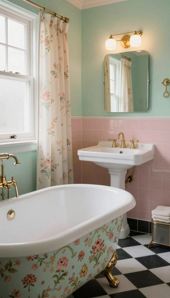 A charming retro bathroom design featuring pastel color palettes, with mint green and soft pink hues dominating the walls and tiles. The foreground showcases a clawfoot bathtub adorned with vintage floral wallpaper depicting intricate patterns, evoking a sense of nostalgia. The middle ground highlights a classic pedestal sink with elegant gold fixtures, surrounded by a whimsical, patterned shower curtain. In the background, a vintage mirror reflects soft, natural lighting filtering through a frosted window, creating a warm, inviting atmosphere. The flooring is checkerboard patterned in black and white, adding to the retro aesthetic. The overall ambiance is cozy and timeless, perfect for a vintage-inspired bathroom setting.