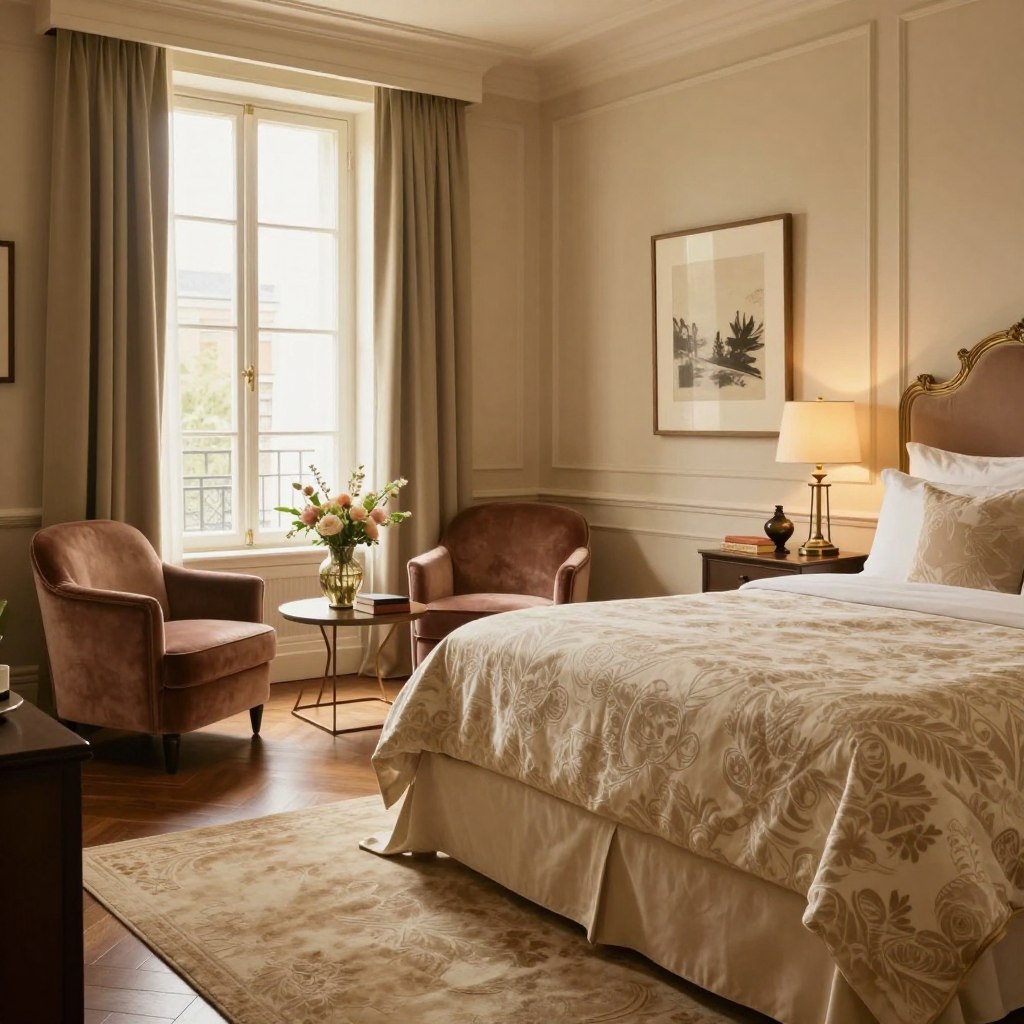 A chic boutique hotel bedroom, elegantly designed to inspire. In the foreground, a plush king-sized bed with an ornate headboard, draped in luxurious linens featuring a subtle pattern. On each side, stylish nightstands adorned with unique decorative accessories like vintage books and artisanal candle holders. In the middle ground, a cozy seating area with a velvet armchair and a small coffee table topped with a decorative vase and fresh flowers. The background reveals soft drapes framing large windows that let in warm golden light, casting a soft glow across the room. A tasteful artwork hangs above the bed, and a plush area rug adds warmth to the hardwood floor. The overall atmosphere is inviting and serene, reflecting a sophisticated, curated aesthetic.