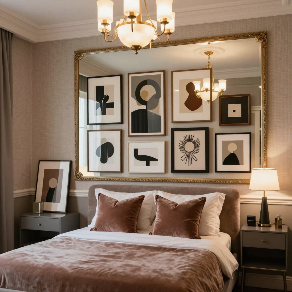 A chic boutique hotel bedroom featuring a stylish blend of art and mirrors. In the foreground, a plush velvet bed with a sophisticated color palette, adorned with elegant pillows. On either side, minimalist nightstands displaying modern art pieces. The middle showcases a striking gallery wall filled with various framed artworks, including abstract and classic pieces, beautifully arranged. A large ornate mirror reflects the room, amplifying the light from a stylish chandelier overhead. The background reveals soft, neutral-toned walls with textured wallpaper, creating an inviting atmosphere. The mood is luxurious yet cozy, with warm ambient lighting that casts a serene glow throughout the space. Use a soft focus lens to emphasize the textures and details, enhancing the depth of the room.