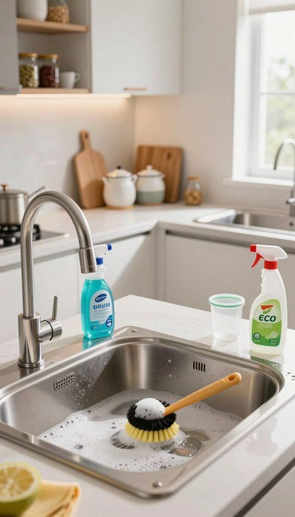 A clean, inviting kitchen undergoing a deep cleaning process. In the foreground, a gleaming stainless steel sink filled with soapy water and a scrub brush, surrounded by open containers of eco-friendly cleaning supplies. The middle layer features a well-organized countertop with freshly wiped surfaces, ceramic canisters, and cutting boards. In the background, brightly lit cabinets and shelves are stocked with spices and kitchenware, giving an overall tidy and orderly impression. Natural light streams in through a window, enhancing the freshness of the scene, while soft shadows add depth. The atmosphere is serene and motivational, encouraging a sense of accomplishment in home cleaning tasks.