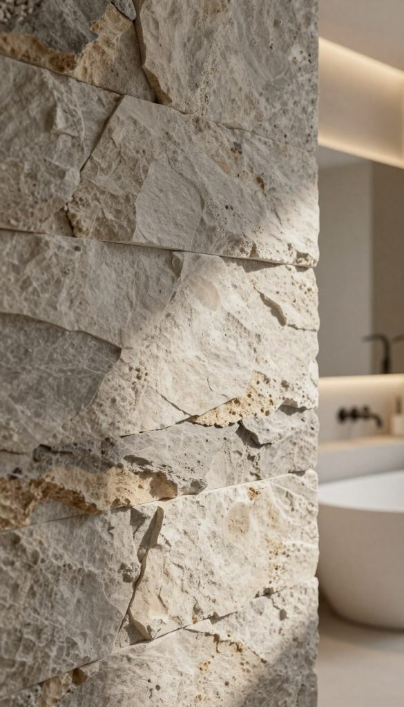 A close-up view of a high-end textured bathroom wall featuring natural split-face stone. In the foreground, the rough and layered surfaces of the stone are highlighted, revealing varying shades of gray, beige, and hints of earthy tones, emphasizing the organic beauty and unique patterns of the stone. The middle ground showcases elegant lighting that casts soft shadows, enhancing the texture and depth of the stone. In the background, blurred shapes of contemporary bathroom fixtures, such as a sleek bathtub and minimalist vanity reflect a modern luxury aesthetic. The scene is bathed in warm, inviting light, creating a serene and sophisticated atmosphere that suggests tranquility and elegance, inviting viewers to explore the beauty of textured surfaces in upscale design.