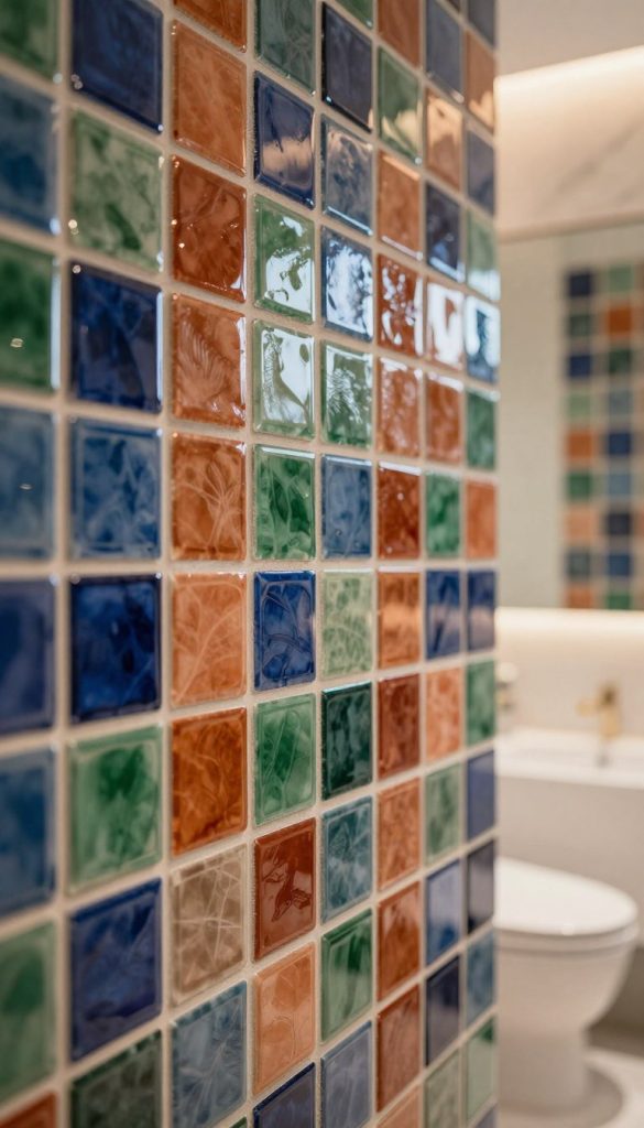 A close-up view of a luxurious bathroom wall featuring intricate Zellige handmade tiles. The foreground showcases a variety of colorful tiles, reflecting deep blues, warm terracottas, and rich greens, each with a glossy finish that catches the light. The middle layer enhances the depth, displaying the subtle texture variations and artisanal craftsmanship of the tiles, arranged in a geometric pattern. In the background, soft, ambient lighting bathes the entire scene, creating a serene and upscale atmosphere. The overall mood is opulent yet calming, perfect for a modern luxury bathroom. Capture this image from a slightly angled perspective, emphasizing the beauty and detail of the tile surfaces without including any human subjects.