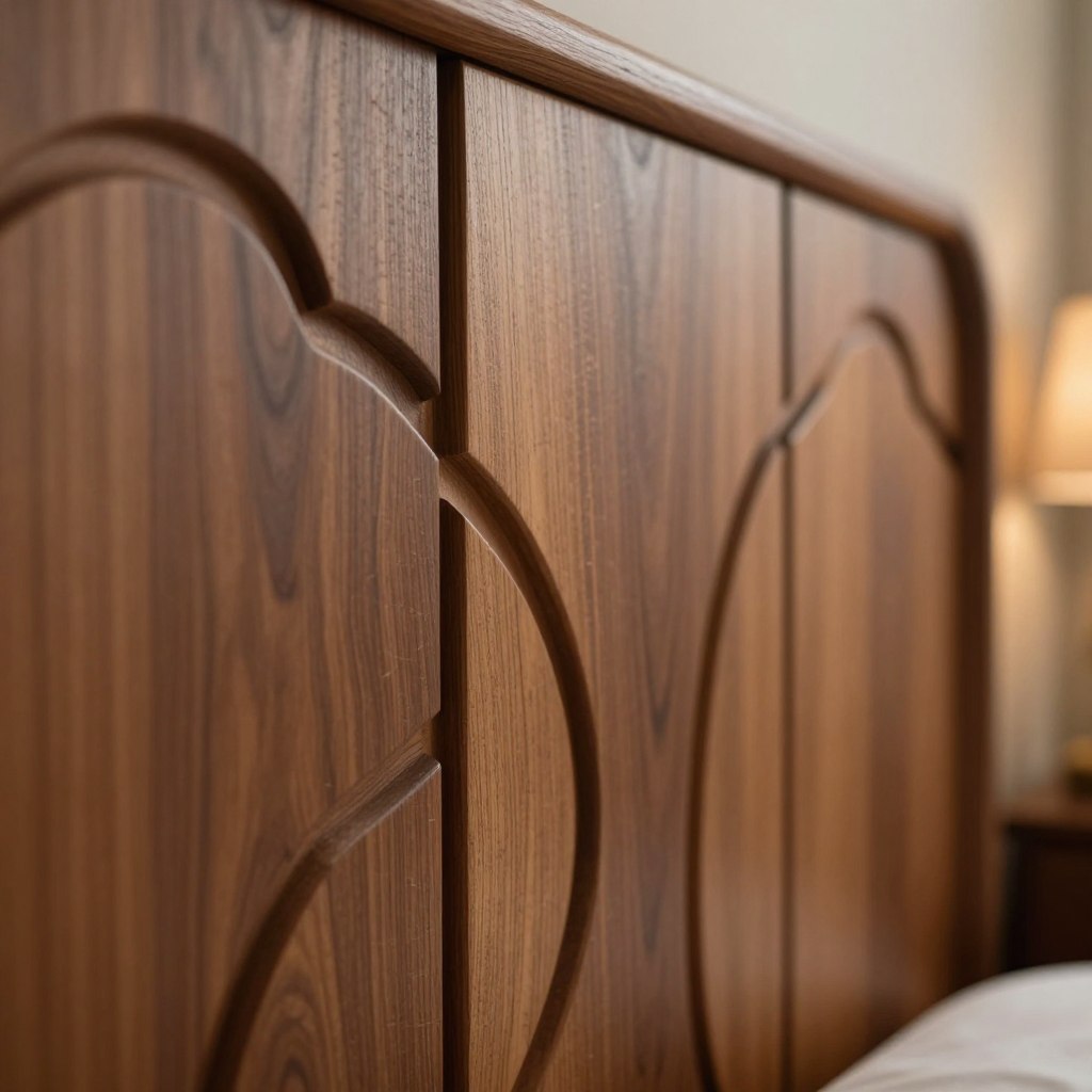 A close-up view of decorative wood panels featuring intricate sculptural patterns, showcasing a blend of natural wood grains in rich browns and warm tans. The focus is on the elegant curves and textures of the wood, with soft shadows highlighting the three-dimensionality of the designs. The background is softly blurred, emphasizing the panel's details, while warm ambient lighting creates a cozy atmosphere. Use a shallow depth of field to give a sense of intimacy and craftsmanship. The angle captures the panels in a slightly angled view, enhancing their depth, and evoking a luxurious, modern aesthetic suitable for contemporary bedrooms.