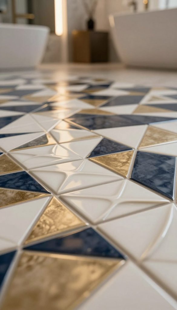 A close-up view of embossed 3D geometric tiles designed for a modern luxury bathroom. The tiles display intricate patterns, featuring a mix of sharp angles and soft curves, creating a dynamic visual texture. The foreground focuses on the varied tile surfaces, showcasing soft shadows and highlights that accentuate the depth of the embossing. The middle ground reveals more tiles arranged in a harmonious layout, emphasizing a luxurious color palette of muted gold, deep navy, and crisp white. The background is softly blurred, suggesting a stylish bathroom setting with subtle lighting that casts a warm glow, enhancing the elegant atmosphere. The overall feel is sophisticated and contemporary, perfect for a high-end home décor showcase.