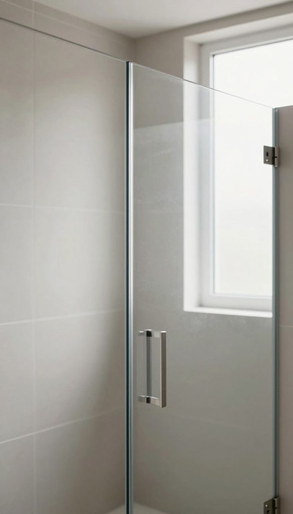 A close-up view of minimalist shower doors featuring completely hidden hinges, set in a modern bathroom environment. The glass shower doors are frameless, showcasing sleek lines and a seamless design that enhances the feeling of space. The foreground highlights the clear, reflective surface of the glass, while the middle ground includes simple, elegant hardware that blends seamlessly with the door design. The background reveals soft, neutral-toned tiles and natural light streaming in through a frosted window, creating a serene and inviting atmosphere. The image is captured with a wide-angle lens, emphasizing the minimalist aesthetic, and the lighting is soft and diffused, enhancing the clarity and tranquility of the scene.