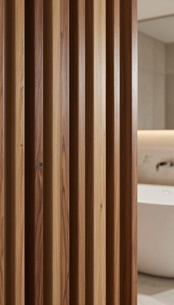 A close-up view of vertical wood slat panels in a luxurious bathroom setting. The textured wood slats are rich in detail, showcasing various shades of deep walnut and light oak, each panel reflecting natural grain patterns. The foreground highlights the tactile quality of the slats, with soft shadows enhancing the textures. The middle ground features elegant bathroom fixtures, including a sleek, modern bathtub partially visible, blending naturally into the scene. The background is softly blurred, with subtle hints of matte tiles and ambient lighting that creates a warm, inviting atmosphere. Soft natural light filters through, casting gentle highlights across the surfaces, evoking a sense of sophistication and tranquility. The overall mood is serene and upscale, perfect for illustrating modern luxury.